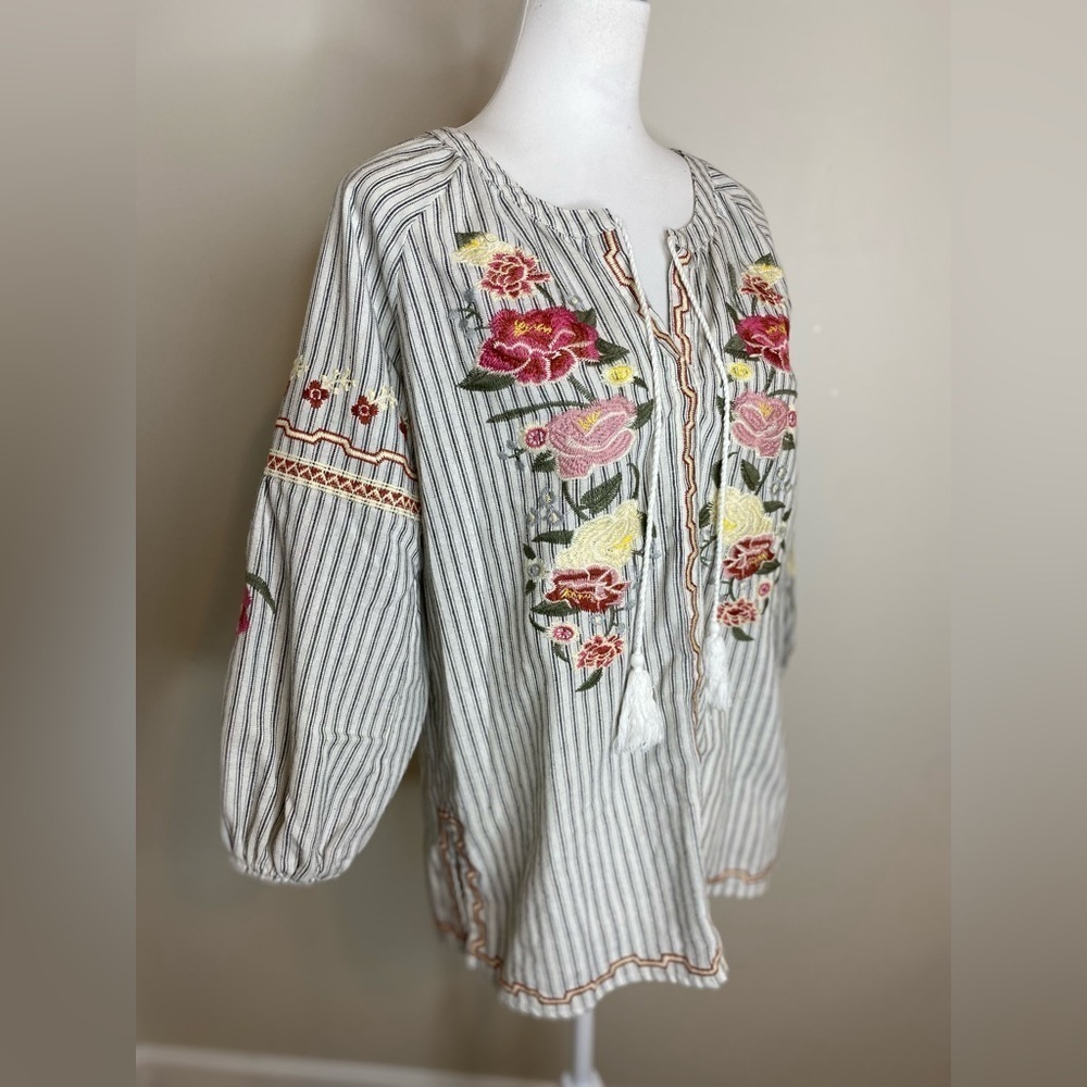 Floral Embroidered Cotton Bubble Sleeve Bohemian Tassel Striped Women's Top Sz M - Picture 2 of 9